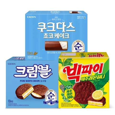 크라운 쿠크다스 쵸코케이크 202g 크림블 순크림 300g 빅파이 레몬 324g