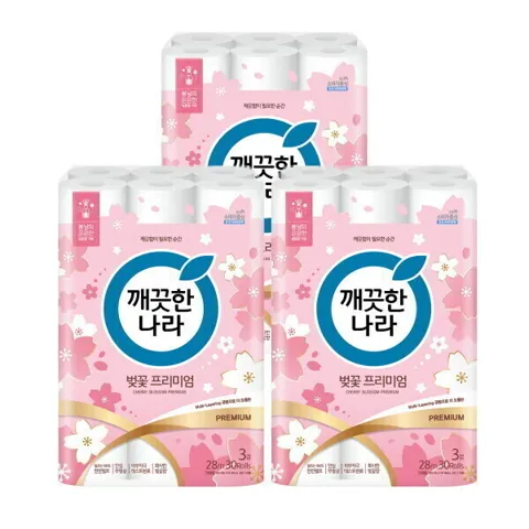 깨끗한나라 벚꽃 프리미엄 화장지 28m 30롤 3팩