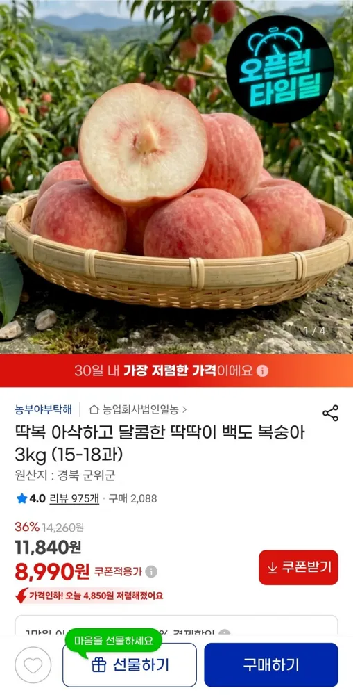 [지마켓] 딱딱이 백도 복숭아 3kg (15-18과) (8,990원/무료)