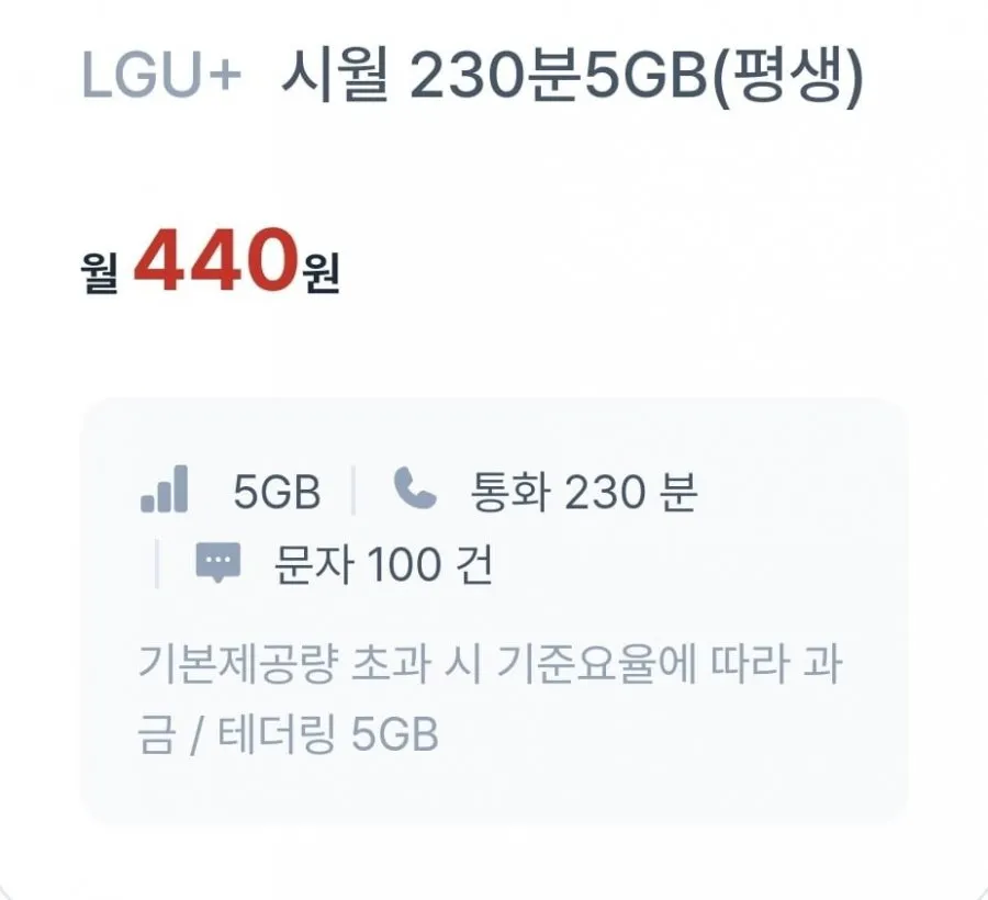 [시월모바일] 통화 230분, 데이터 5GB(440원/평생)