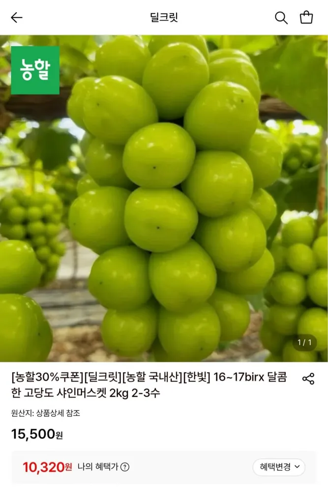 [롯데온] 국내산 샤인머스켓 2kg 2~3수 (10,320원/무료)
