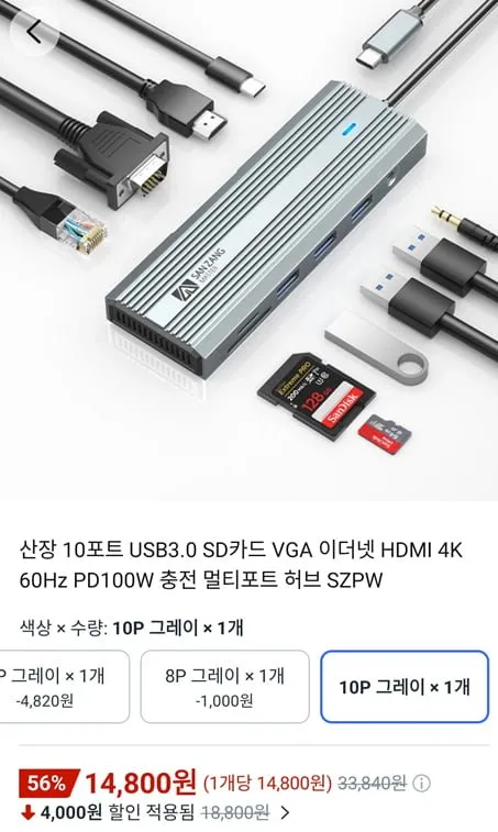 [쿠팡] 산장 10포트 USB3.0 SD카드 HDMI 4K@60Hz PD100W 허브(14,800원/무료)