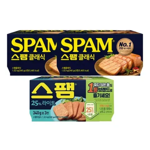 스팸 클래식, 340g, 3입, 2개 + 라이트, 340g, 3입, 1개 /총 9개