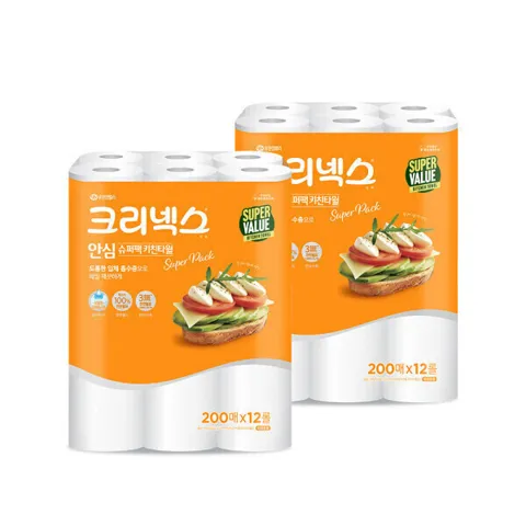 크리넥스 안심 키친타월 슈퍼팩 200매 12롤 2개