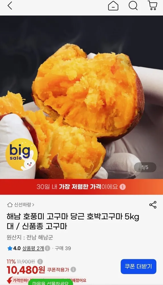[지마켓] 해남 호풍미 당근 호박고구마 5kg 대 (10,480원/무료)
