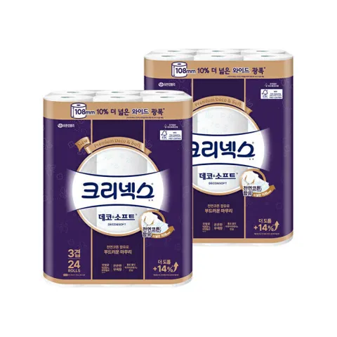 108mm 크리넥스 3겹 데코앤소프트 와이드 33MX24롤 2팩 휴지