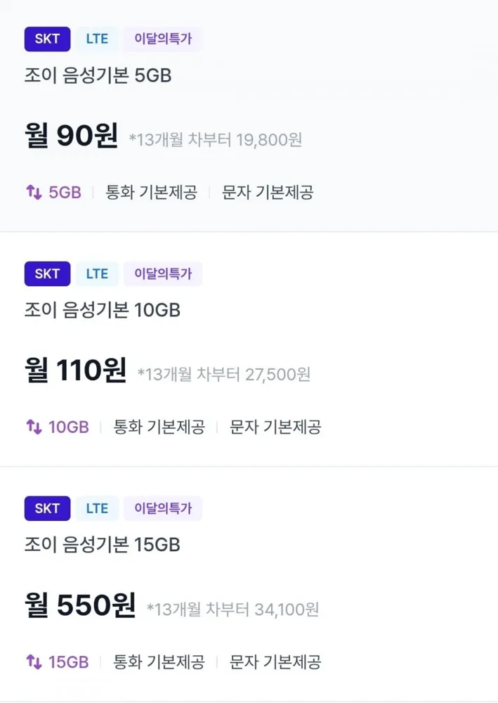 [조이텔] skt알뜰폰 통화/문자 무제한 15GB (550원/12개월)