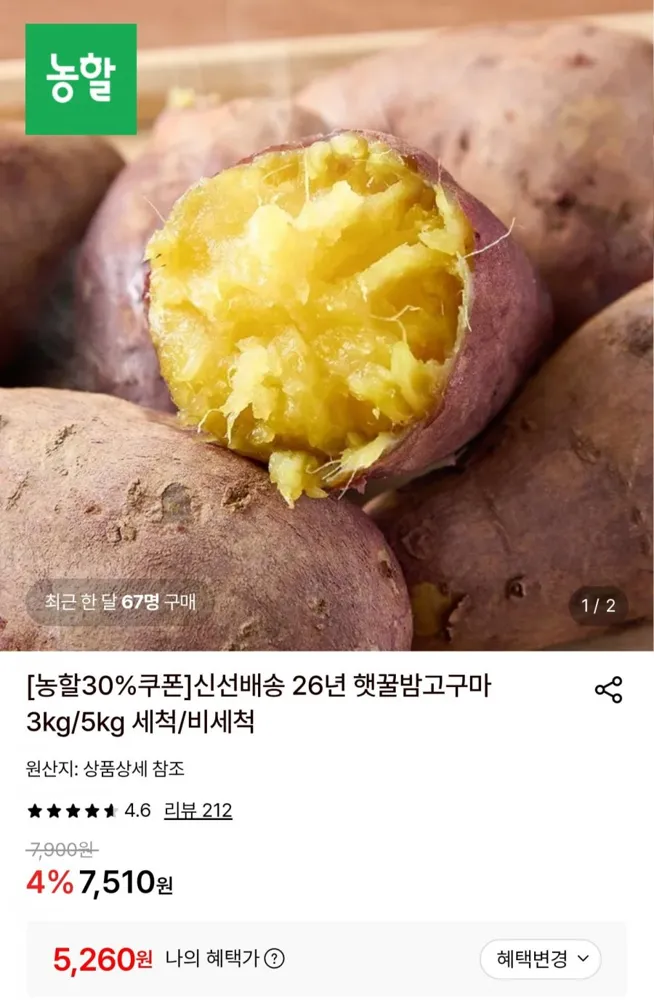 [롯데온] 26년 햇밤고구마 한입 3kg (5,260원/무료배송)