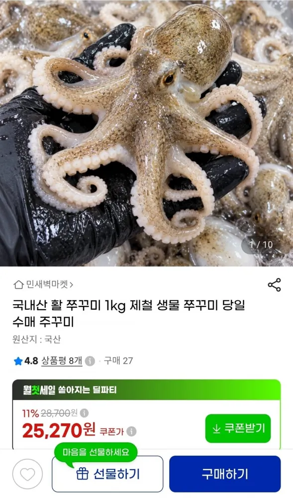 [G마켓] 국내산 활 쭈꾸미 1kg(25,270원/무료)
