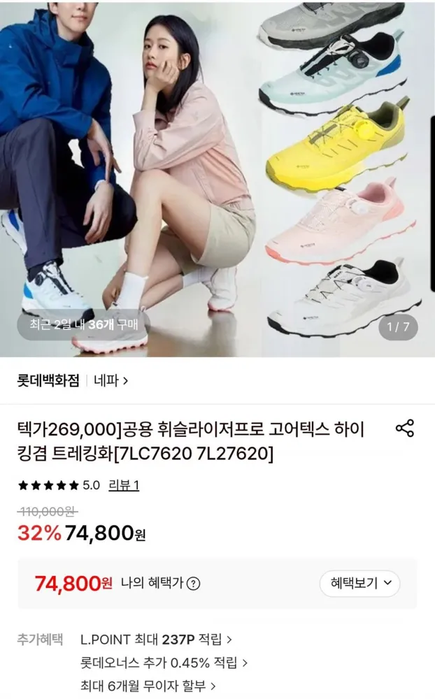 (롯데온)공용네파 고어텍스 트레킹화 (74,800원/무배)