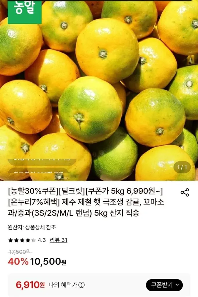 [롯데온] (농할) 제주 제철 햇 극조생 감귤 꼬마소과 5kg (6,910원/무료)