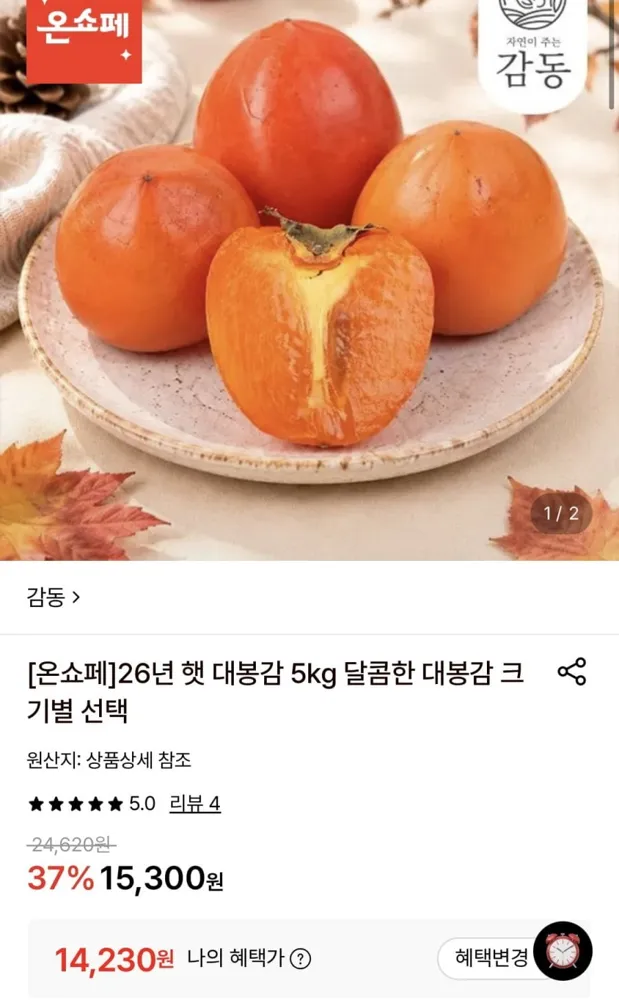 [롯데온] 대봉감 중소과 5kg 24과내외 (14,230원/무료)