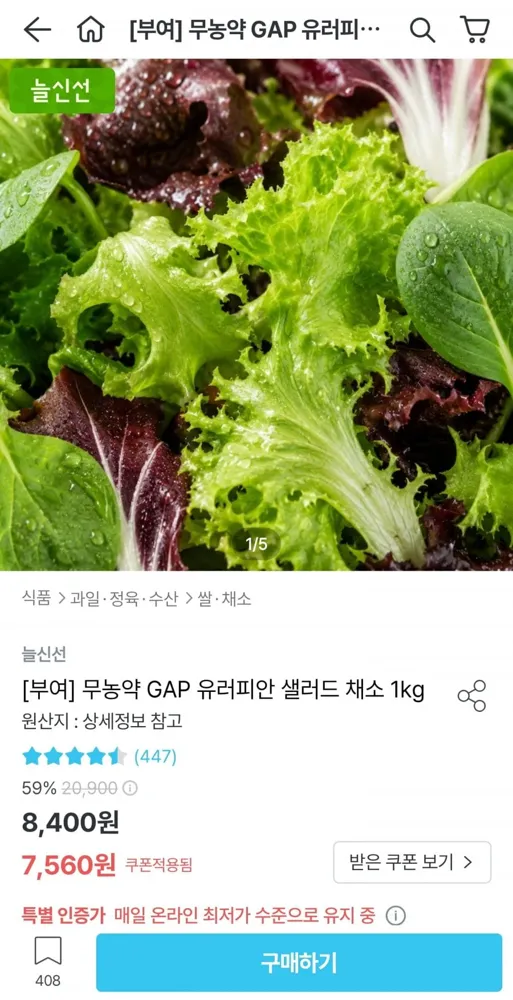 [오늘의집] 유러피안 샐러드 채소 1kg (7,560원/무료)