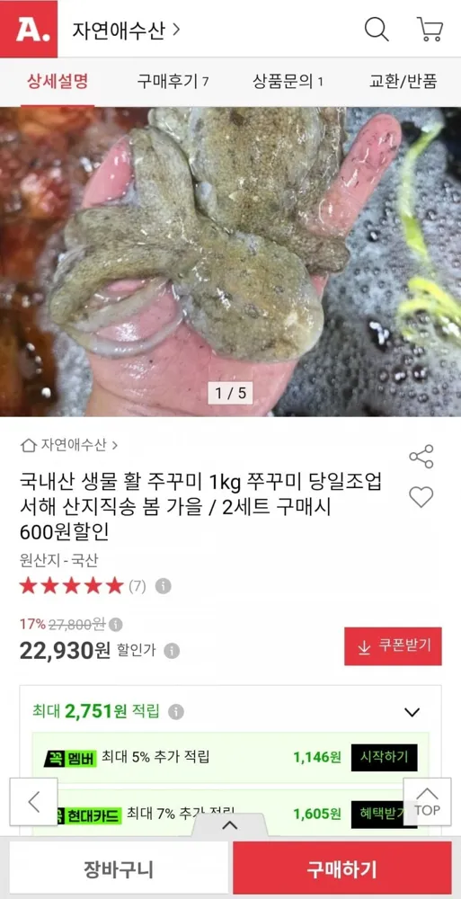 [옥션] 국내산 생물 활 주꾸미 1kg 15~20미 (22,930원/무배)