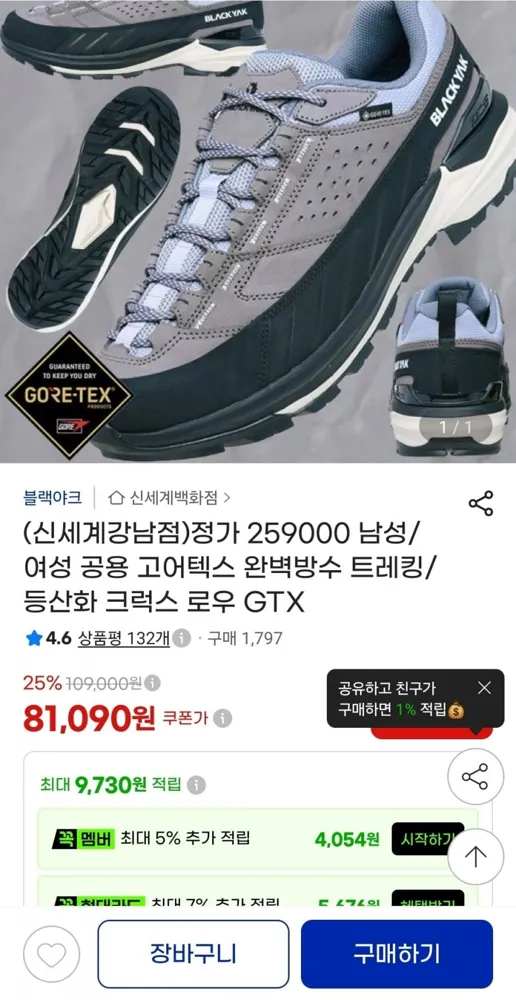 [지마켓] 블랙야크 공용 고어텍스 트레킹 등산화 크럭스 로우 GTX (81,090원/무료)