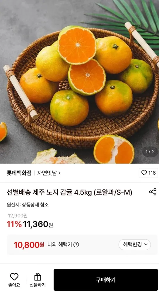 [롯데온] 선별배송 제주 노지 감귤 4.5kg 로얄과 (10,800원/무료)