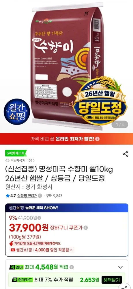 [지마켓] 수향미 쌀10kg 26년산 햅쌀 상등급 당일도정(37,900원/무료)