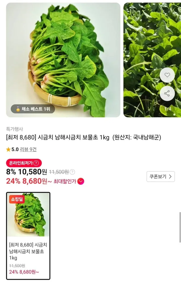 [11번가] 남해 시금치 보물초 1kg (8,680원/무료)
