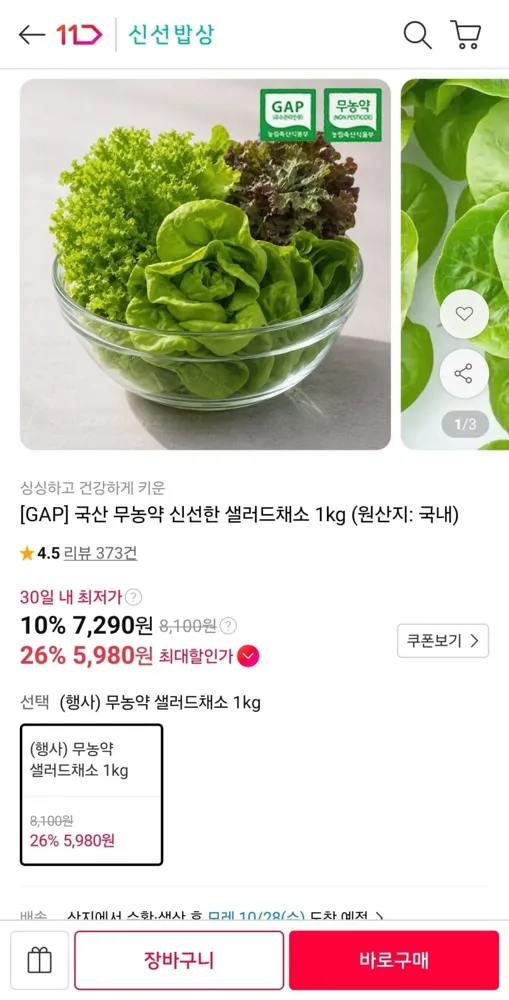 [11번가] 국산 무농약 신선한 샐러드채소 1kg (신한 5,980원/무료)