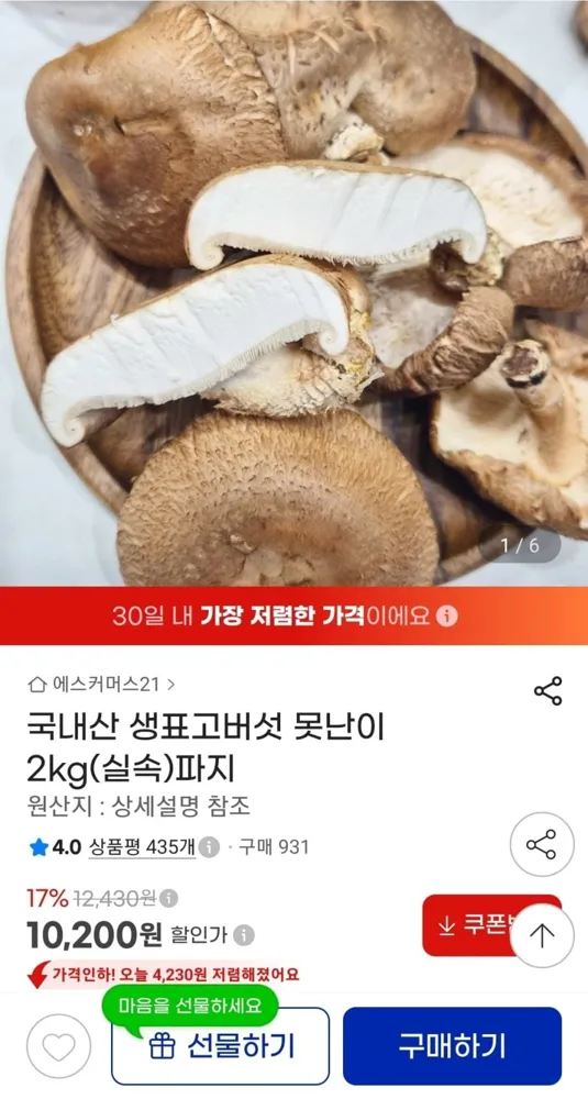 [지마켓] 국내산 못난이 생표고버섯 파지 2kg (10,200원/무료)