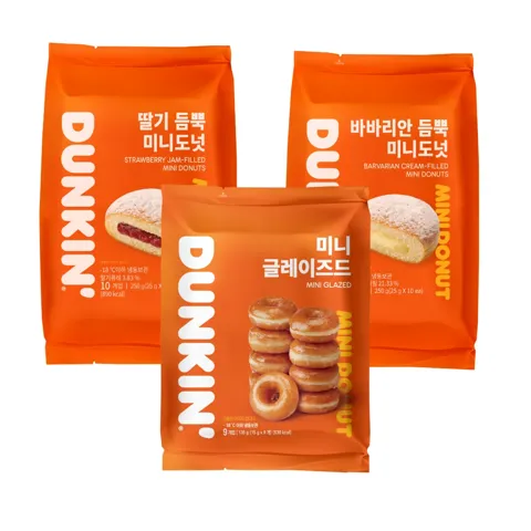던킨 미니도넛, 딸기 듬뿍 250g 1팩 + 바바리안 250g 1팩 + 글레이즈드 135g 1팩, 3팩