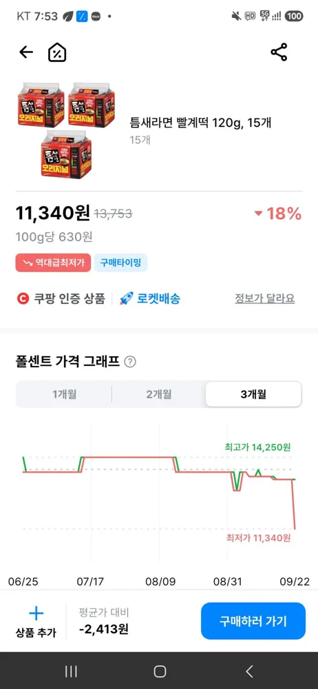 틈새라면 15개 11,340원