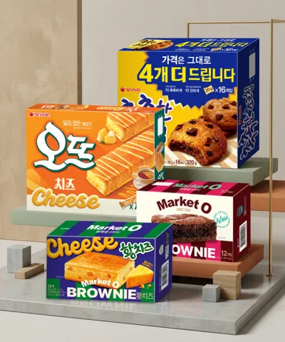 선착 500명 16,680원 마켓오 브라우니 황치즈 12P 240g + 브라우니 12p + 촉촉한초코칩 16p + 오뜨 치즈 12p