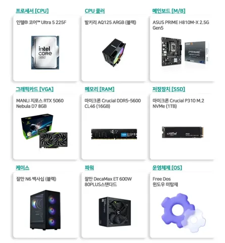 인텔 울트라5 225F RTX5060 16G 1TB