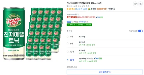 캐나다드라이 진저에일 토닉, 250ml, 30개