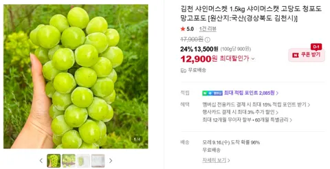 김천 샤인머스켓 1.5kg 샤이머스캣 고당도 청포도 망고포도