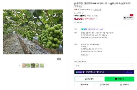 전남함평 GAP 샤인머스켓 1kg [원산지:국산(전라남도 함평군)]
