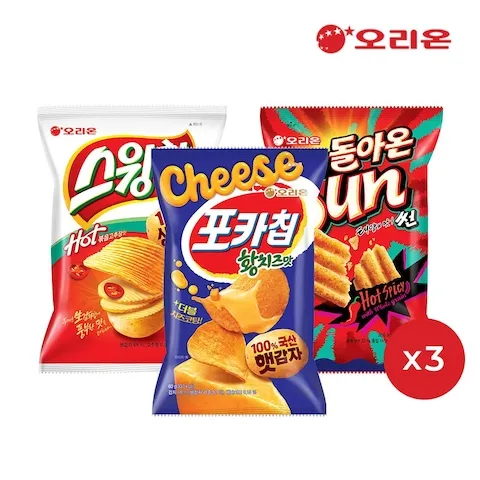 포카칩 황치즈 60g 3개 + 스윙칩 볶음고추장 60g 3개 + 썬 핫스파이시 80g 3개