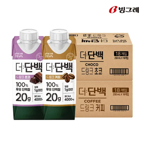 [연휴 N배송 오늘 : 9.26(토) 도착] 빙그레 더단백 프로틴음료 단백질 드링크 250ml 초코맛 18팩 + 커피맛 18팩 [원산지:상세설명에 표시]