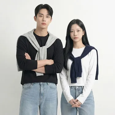 2+2장 100% 순면 부드럽고 시원한 긴팔 티셔츠 레이어드 라운드 무지