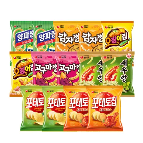 하루특가) 농심 스낵세트, 양파링 2개 + 감자깡 2개 + 오징어집 2개 + 고구마깡 2개 + 와사비새우깡 2개 + 포테토칩 2개 + 양념치킨맛 2개, 972g, 14개