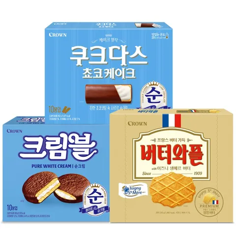 하루특가) 크라운 크림블 순크림 300g + 쿠크다스 초코케이크 202g + 이즈니 버터와플 316g, 3개, 1세트