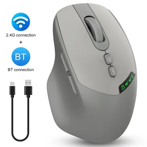 무소음 듀얼 모드 무선 마우스 블루투스 2.4G, 전원 디지털 디스플레이, DPI 조절 가능, 인체공학적 디자인의 PC 노트북용 사무용 마우스