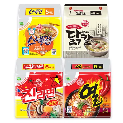 하루특가) 오뚜기 라면 4종 세트, 진라면 매운맛 5개 + 열라면 5개 + 스낵면 5개 + 동대문식닭한마리칼국수 4개, 1세트