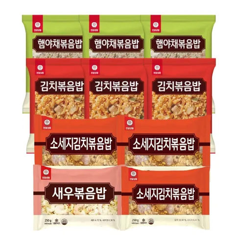 하루특가) 천일식품 볶음밥, 햄야채 3봉 + 김치 3봉 + 소세지김치 3봉 + 새우 1봉, 250g, 10봉, 1개
