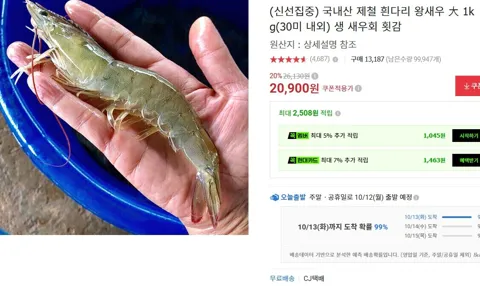 국내산 제철 흰다리 왕새우 大 1kg (30미 내외, 횟감용)