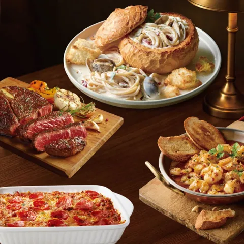하루특가) 애슐리 크림빠네 홈파티 세트, 감바스 385g 1개 + 빠네파스타 756g 1개 + 라자냐 400g 1개 + 큐브스테이크 200g 1개, 1세트