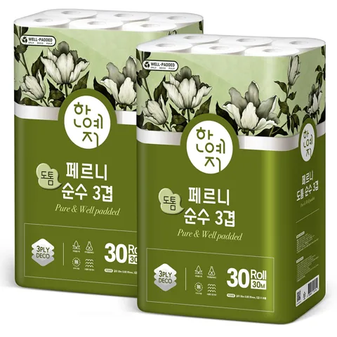 하루특가) 한예지 페르니 도톰 순수 3겹 화장지, 30m, 30롤입, 2개