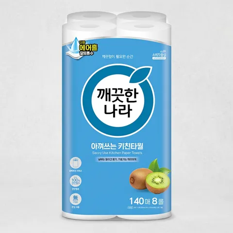 하루특가) 깨끗한나라 아껴쓰는 키친타월, 140매, 8롤, 1팩