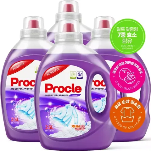 프로클 딥클린 7중 효소 액체 세탁세제 2.5L 4개 대용량 일반 드럼 세탁기 고농축 실내건조
