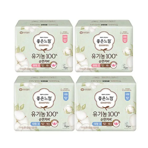 좋은느낌 유기농 순면커버 울트라슬림 중형, 18매, 2개 + 대형, 16매, 2개