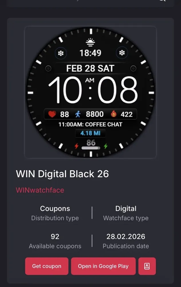 [WearOS] Minimal Black Watch Face WIN26 무료 쿠폰